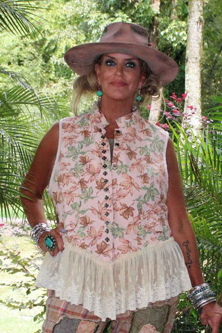 Jaded Gypsy Enchanted vest with vintage leaf print, and lace hem, fitted boho layering piece
