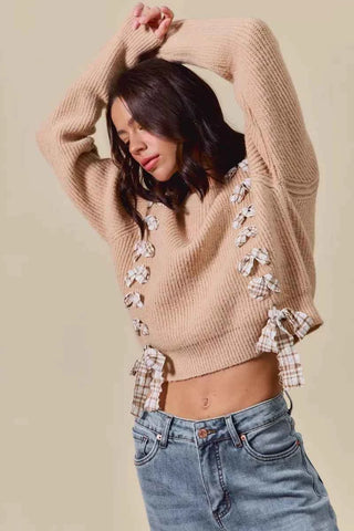 SO ME Checkered Plaid Tape Lace Up Ribbed Sweater