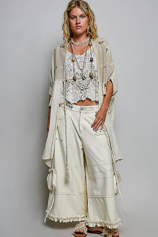Boho Crochet Contrast Sequin Tassel Midi Kimono Fit Cardigan - Natural