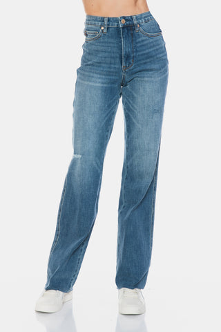 Judy Blue Full Size Tummy Control Cut Raw Hem Straight Jeans - White Lily Boutique