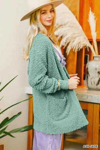 Zenana Long Sleeve Popcorn Sweater Cardigan with Pockets