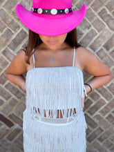 A breezy and blingy spaghetti strap crop top that comes in 4 colors, and matches our Rhinestone Diva Fringe Skirts for a complete look! 