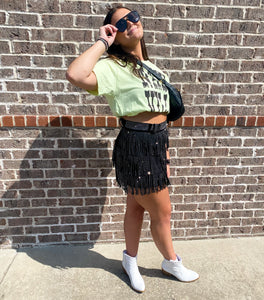 Whose ready for a night downtown Nashville! A breezy and blingy mini skirt (with built in shorts underneath), and it comes with a matching belt! This lined mini is a staple for any modern diva and pairs perfectly with  our Music City Button Up, one of our many band tees, or our matching Rhinestone Diva Fringe Tops! These can be accessorized with our Unite booties or even our Stargazer sneakers, which are the best Golden Goose dupes, ever! 