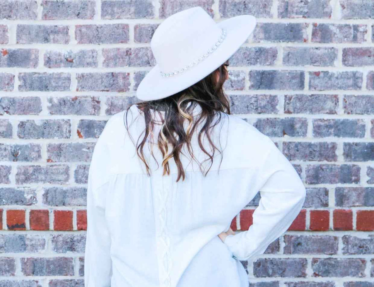 Cream Wide Brim Hat with Rhinestone Band - 08-Accessory 