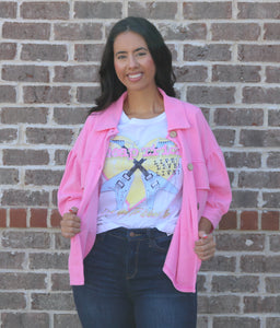 Everybody needs a fun graphic tee in their closet. This Cheap Trick Graphic tee features fun colors, soft material, and a comfy fit. We paired this tee with our Pink is for Wednesdays and judy blue hand sand dark jeans. You can totally dress it up or keep it casual. 