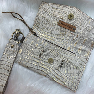 Keep It Gypsy Jordan Gold and Oyster Distressed Crocodile Leather Wristlet
