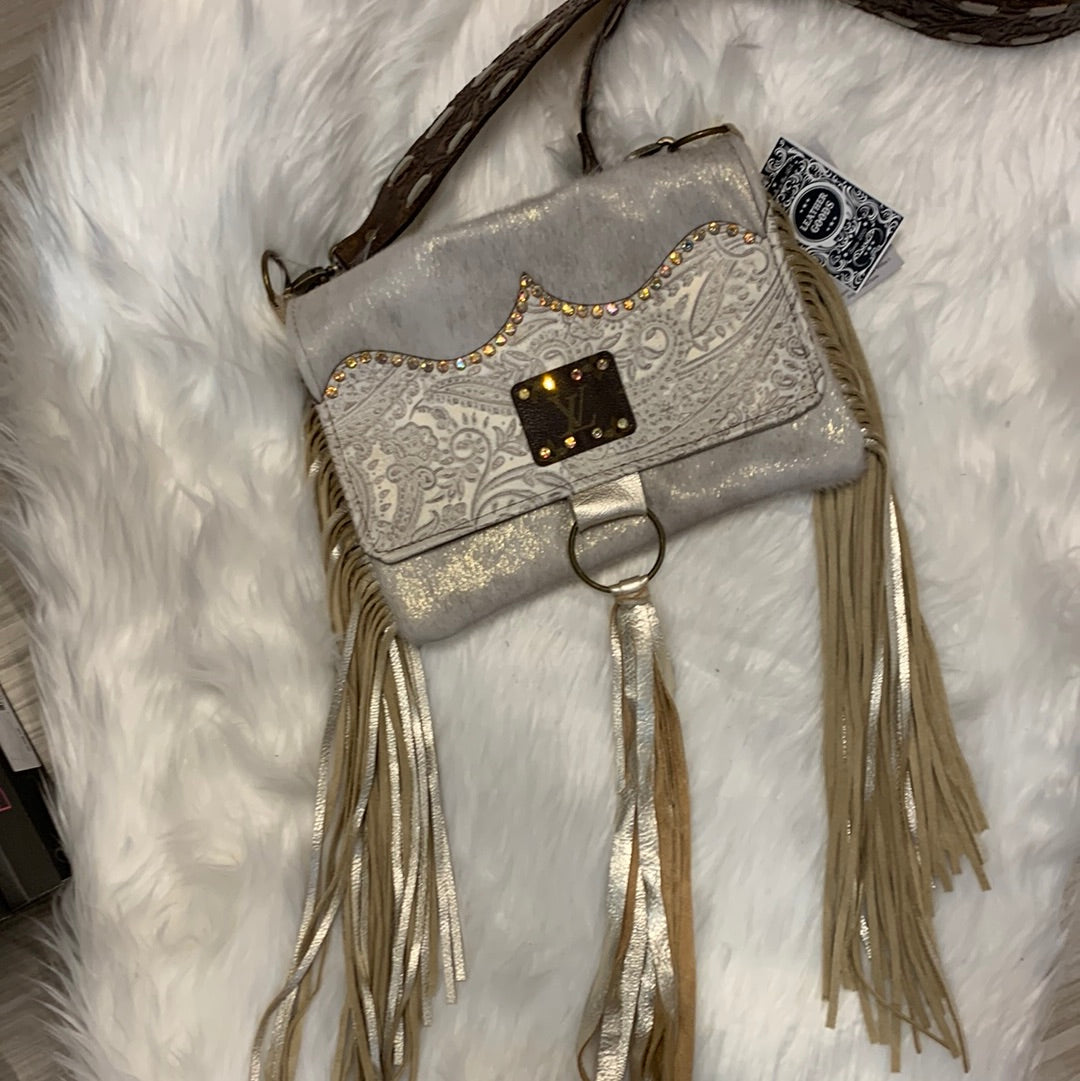 Maxine Gold Distressed Embossed Leather Foldover Flap Crossbody
