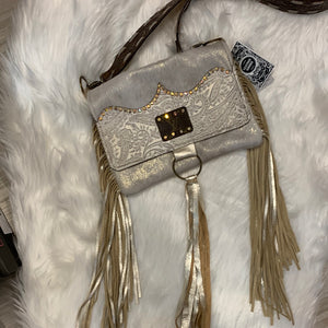 Maxine Distressed Gold and Oyster Leather Foldover Flap and Fringed Crossbody