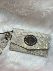 Keep It Gypsy Jordan Gold and Oyster Distressed Crocodile Leather Wristlet