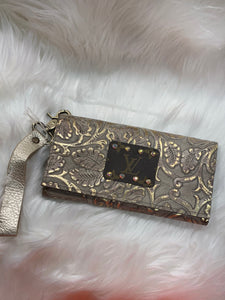 Keep It Gypsy Trifold Gold Distressed Hand Tooled Wallet Wristlet with Cream Strap