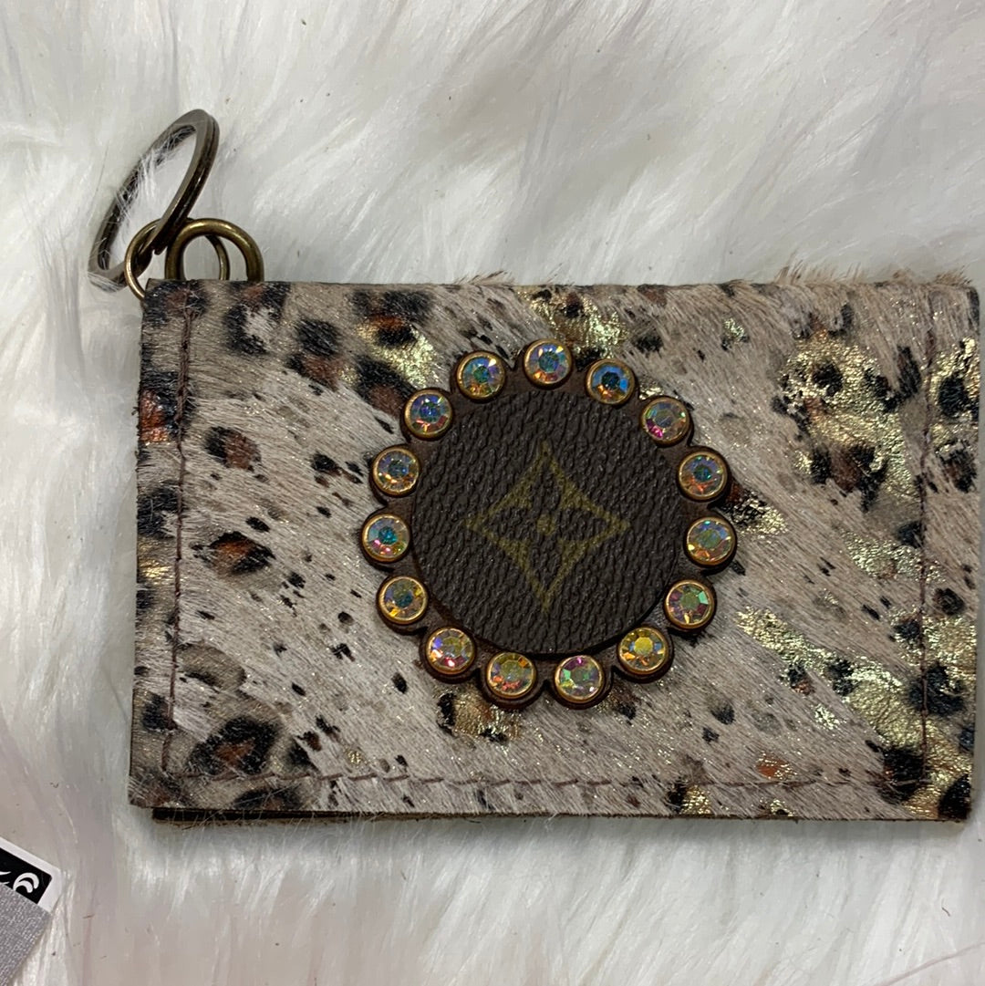 Keep It Gypsy Gold Distressed Cheetah Leather Cowhide Key Ring Card Holder