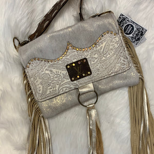 Maxine Distressed Gold and Oyster Leather Foldover Flap and Fringed Crossbody