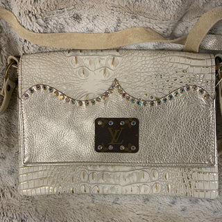 Maxine Gold Distressed Crocodile Leather Foldover Flap Crossbody - White Lily Boutique