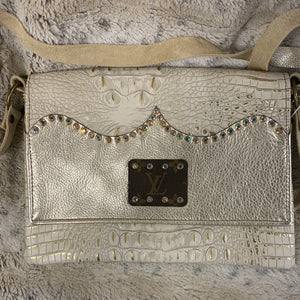 Maxine Gold Distressed Embossed Leather Foldover Flap Crossbody