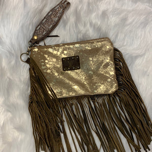 Maxine Distressed Gold Brown Leather Fringed Wristlet