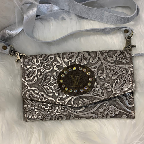 Keep It Gypsy Jordan Silver Distressed Tooled Leather Cowhide Crossbody