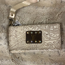 Keep It Gypsy Trifold Gold Distressed Embossed Cowhide Wallet Wristlet with Gold Strap
