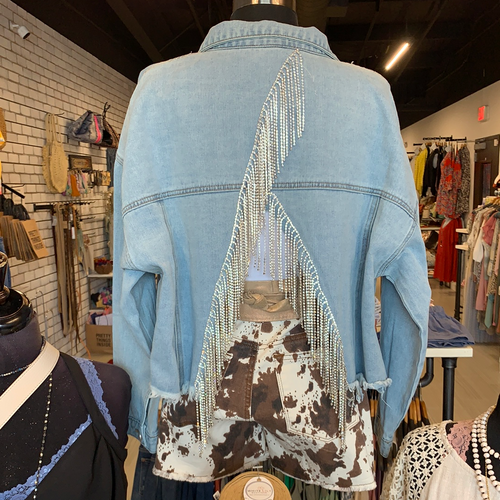 Kacey Sparkles Rhinestone Fringe Denim Jacket