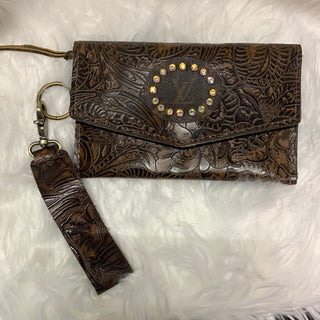 Keep It Gypsy Jordan Distressed Hand Tooled Leather Cowhide Wristlet - White Lily Boutique