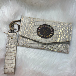 Keep It Gypsy Jordan Gold and Oyster Distressed Crocodile Leather Wristlet